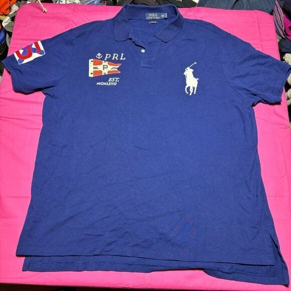 Polo Ralph Lauren Men Polo Shirt Big Pony #5 Blue Custom Fit Large XXL S…‎ - Picture 1 of 7